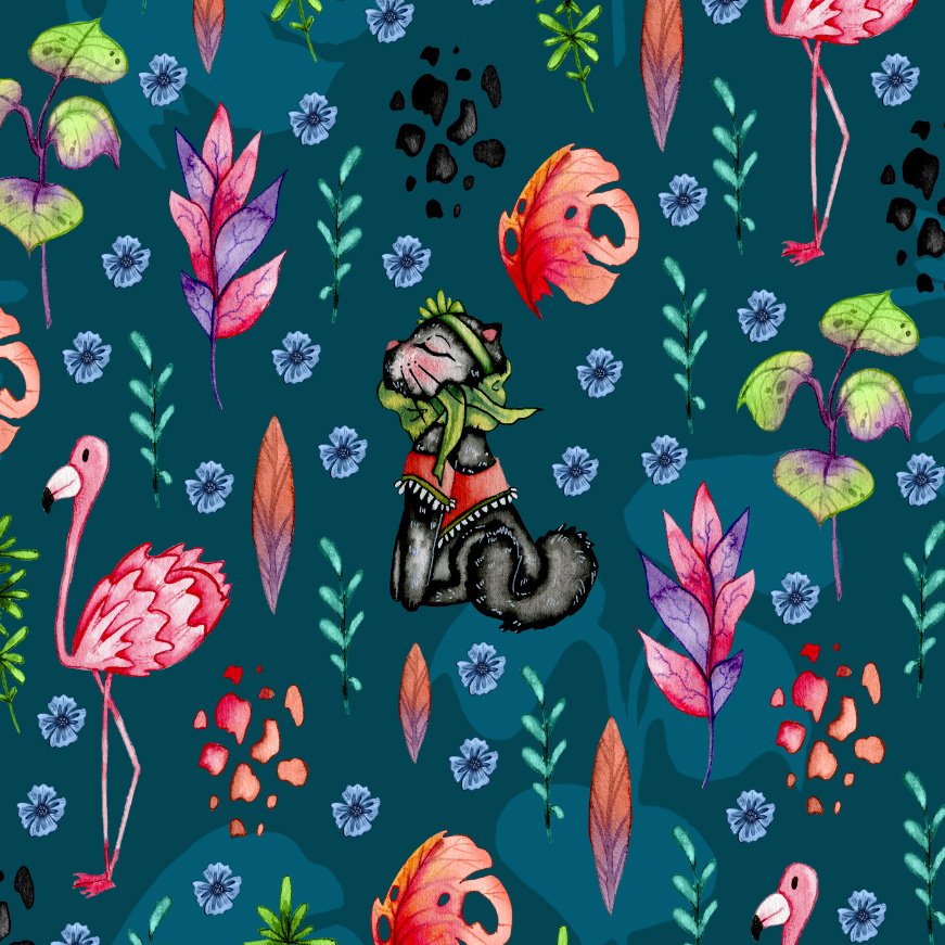 pattern chic con gatta nera e sfondo petrolio maremmagatta